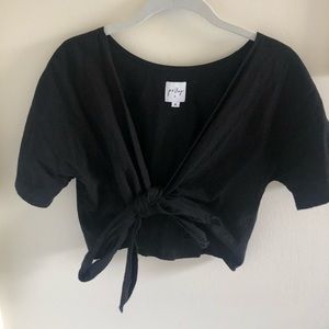 Princess Polly black linen tied crop top